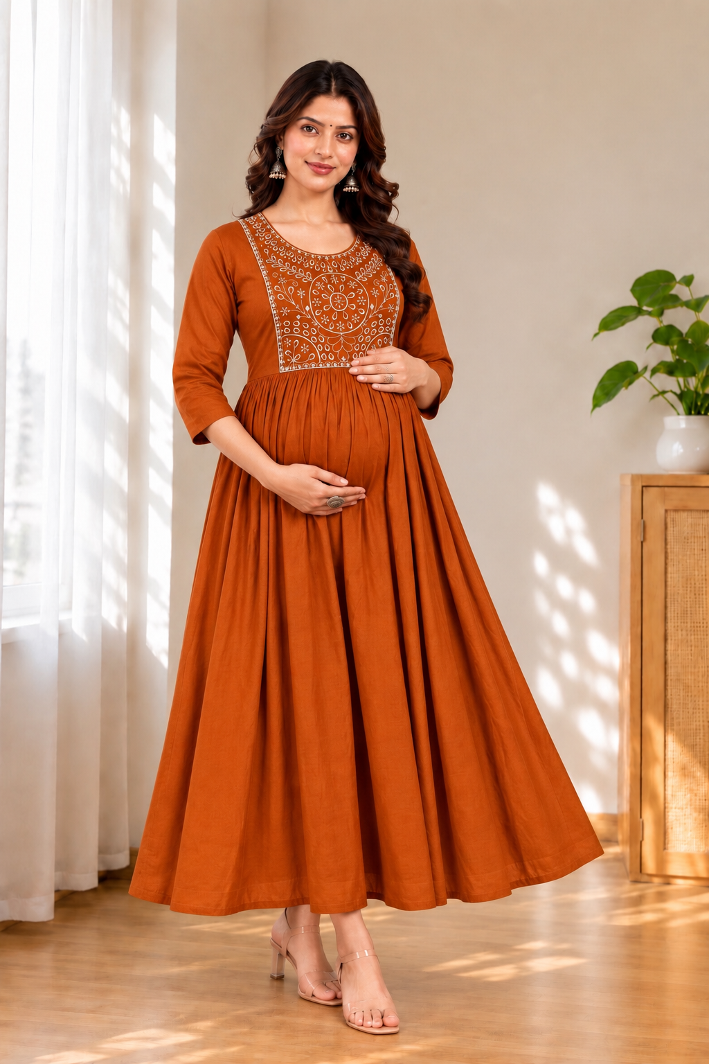 Rust Orange Embroidered Rayon Maternity Feeding Anarkali Kurti with Front Zipper
