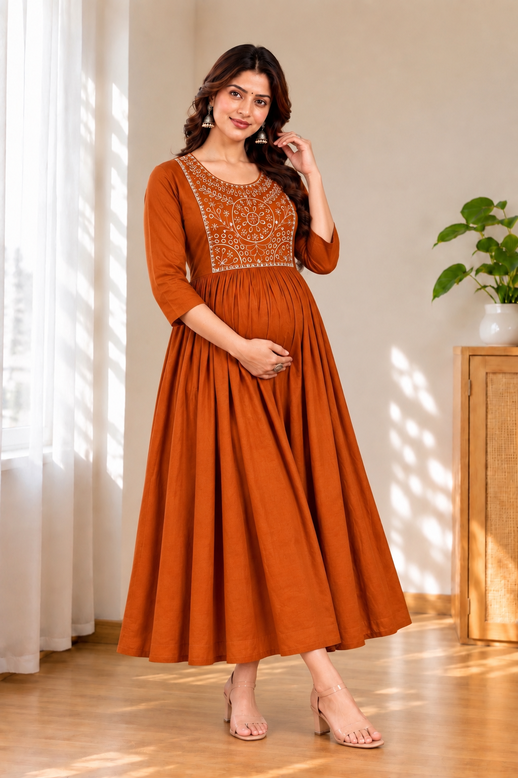 Rust Orange Embroidered Rayon Maternity Feeding Anarkali Kurti with Front Zipper