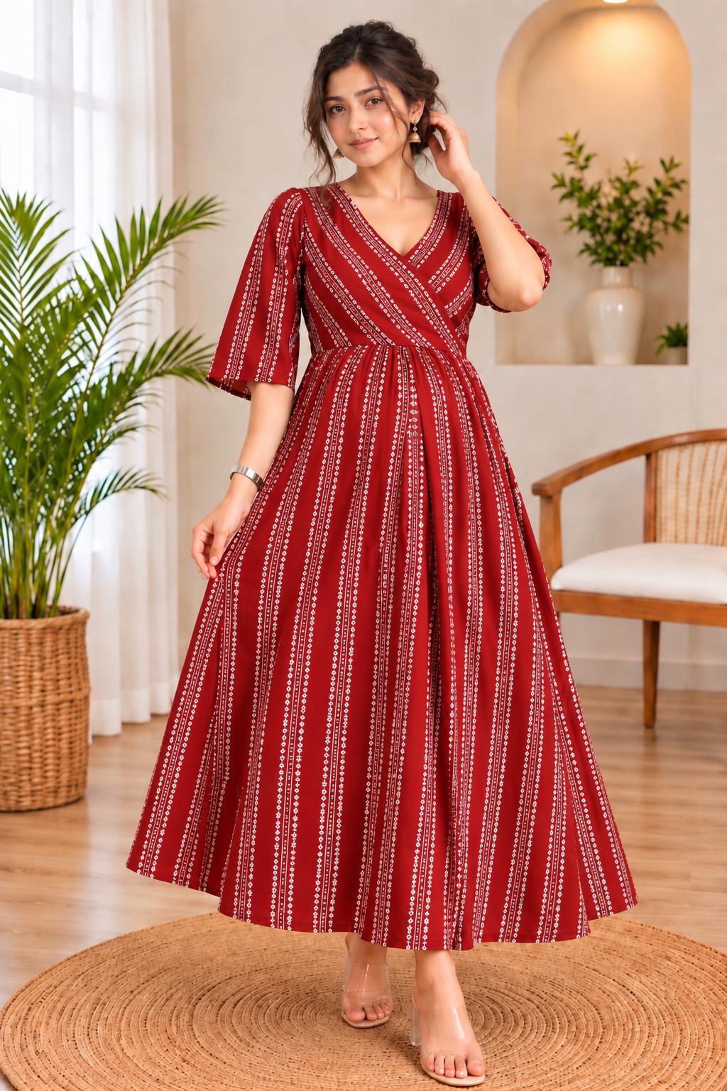 Maroon Striped Maternity Feeding Maxi Dress | Front-Zip Nursing Dress