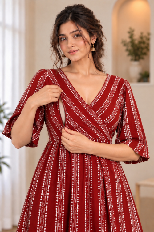 Maroon Striped Maternity Feeding Maxi Dress | Front-Zip Nursing Dress