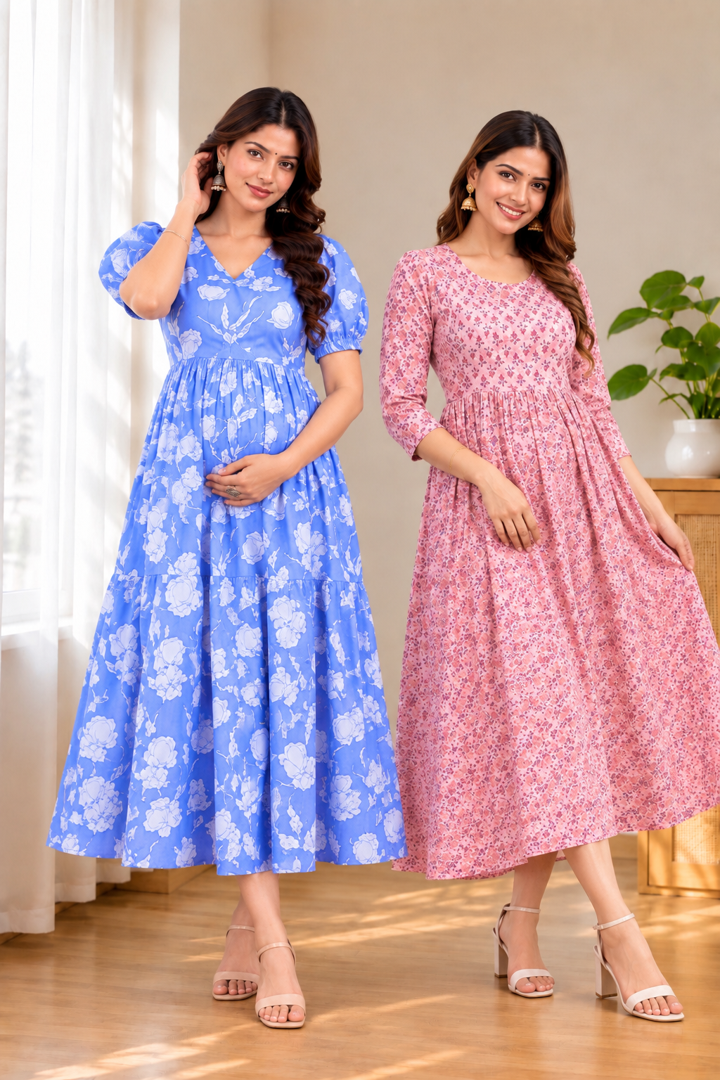 Women’s Floral Printed Maternity Feeding Dress – 2 Piece Combo | Concealed Front Zipper | 3/4 Sleeve