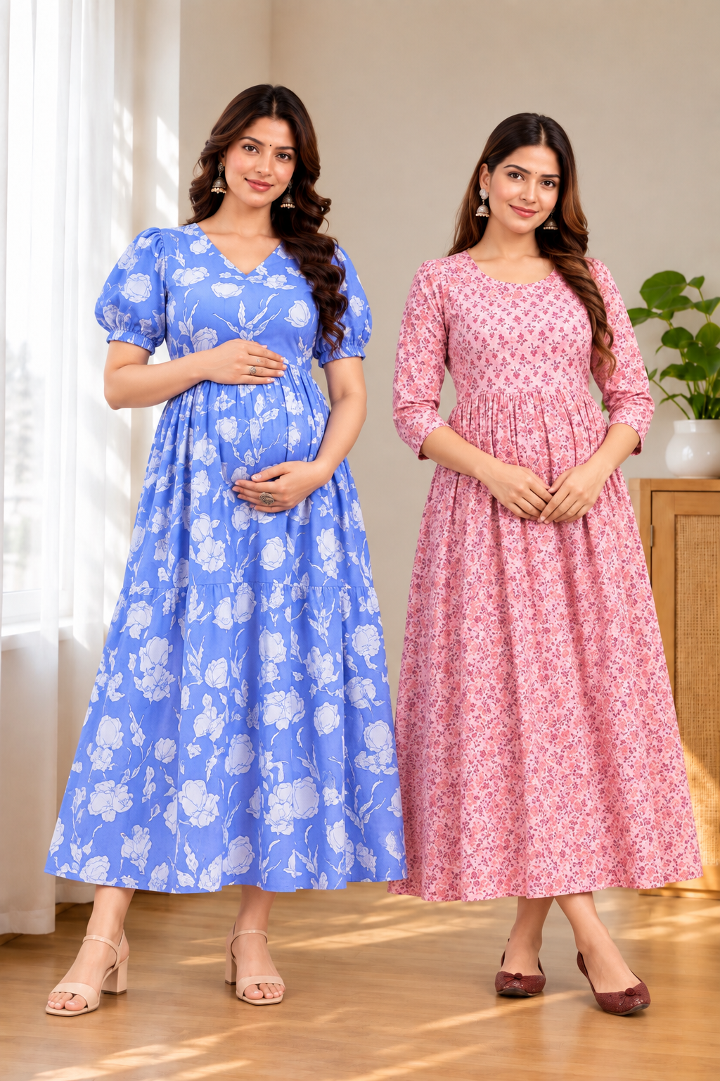 Women’s Floral Printed Maternity Feeding Dress – 2 Piece Combo | Concealed Front Zipper | 3/4 Sleeve