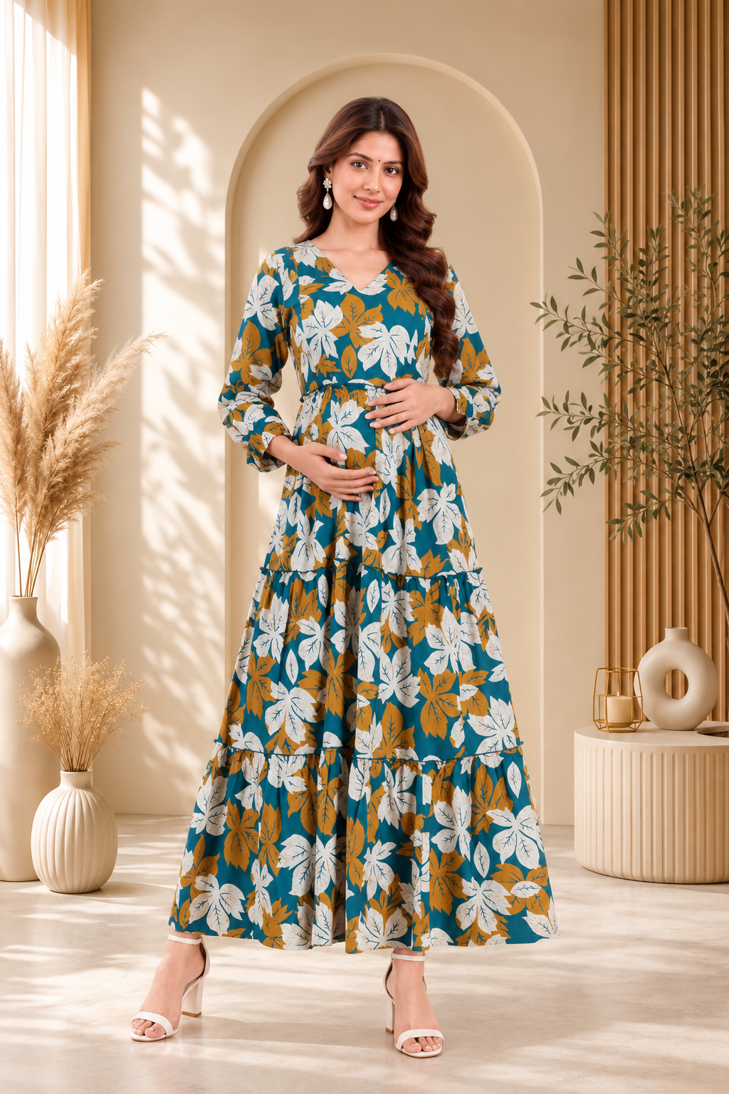 Women’s Teal Blue Floral Printed Maternity Feeding Dress with Concealed Front Zipper | 3/4 Sleeve Nursing Dress