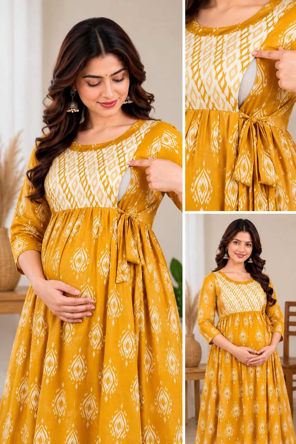 Mustard Yellow Printed Cotton Maternity Anarkali Kurti with Side Zipper