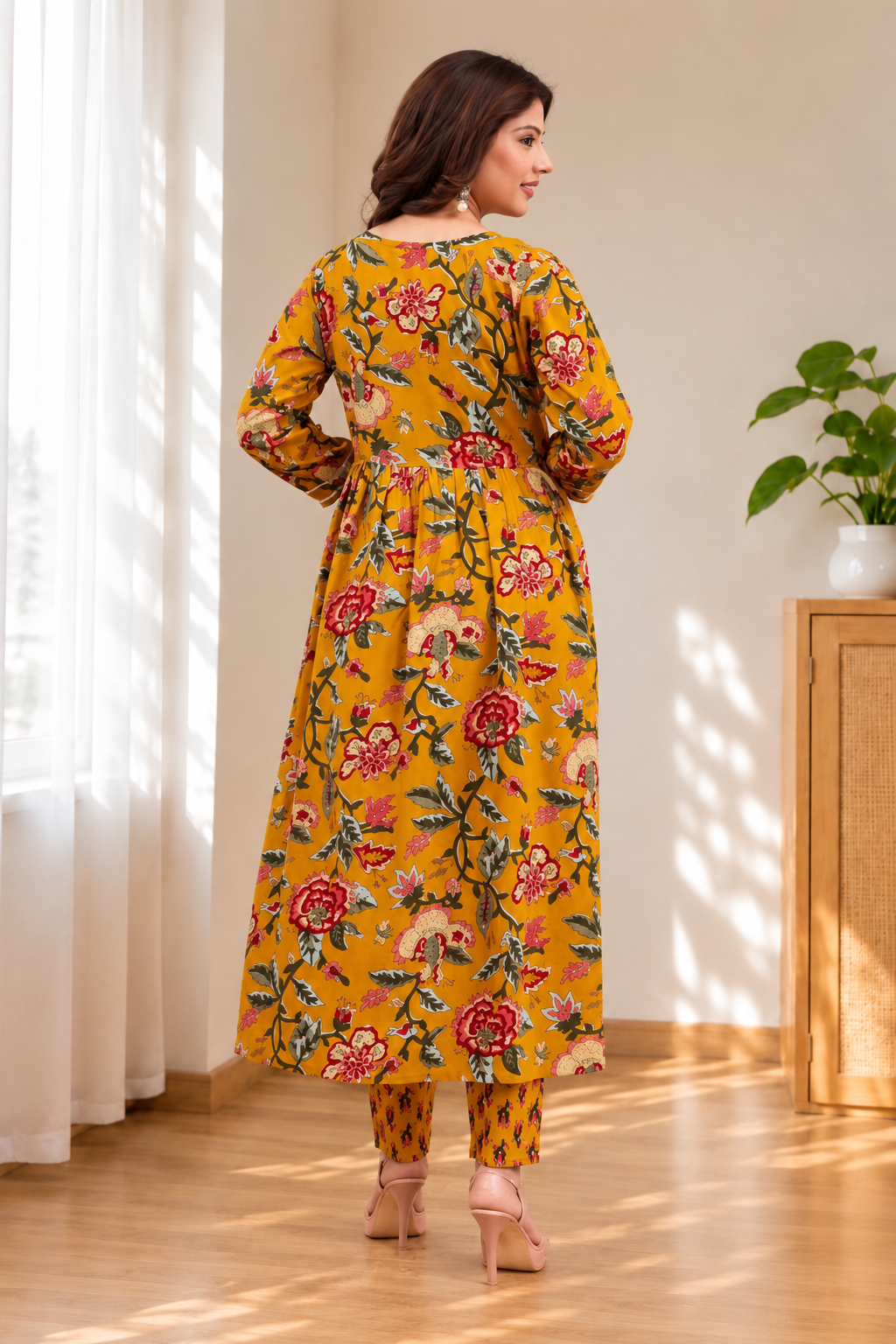 Mustard Floral Printed Rayon Anarkali Maternity & Feeding Kurta Set with Dupatta
