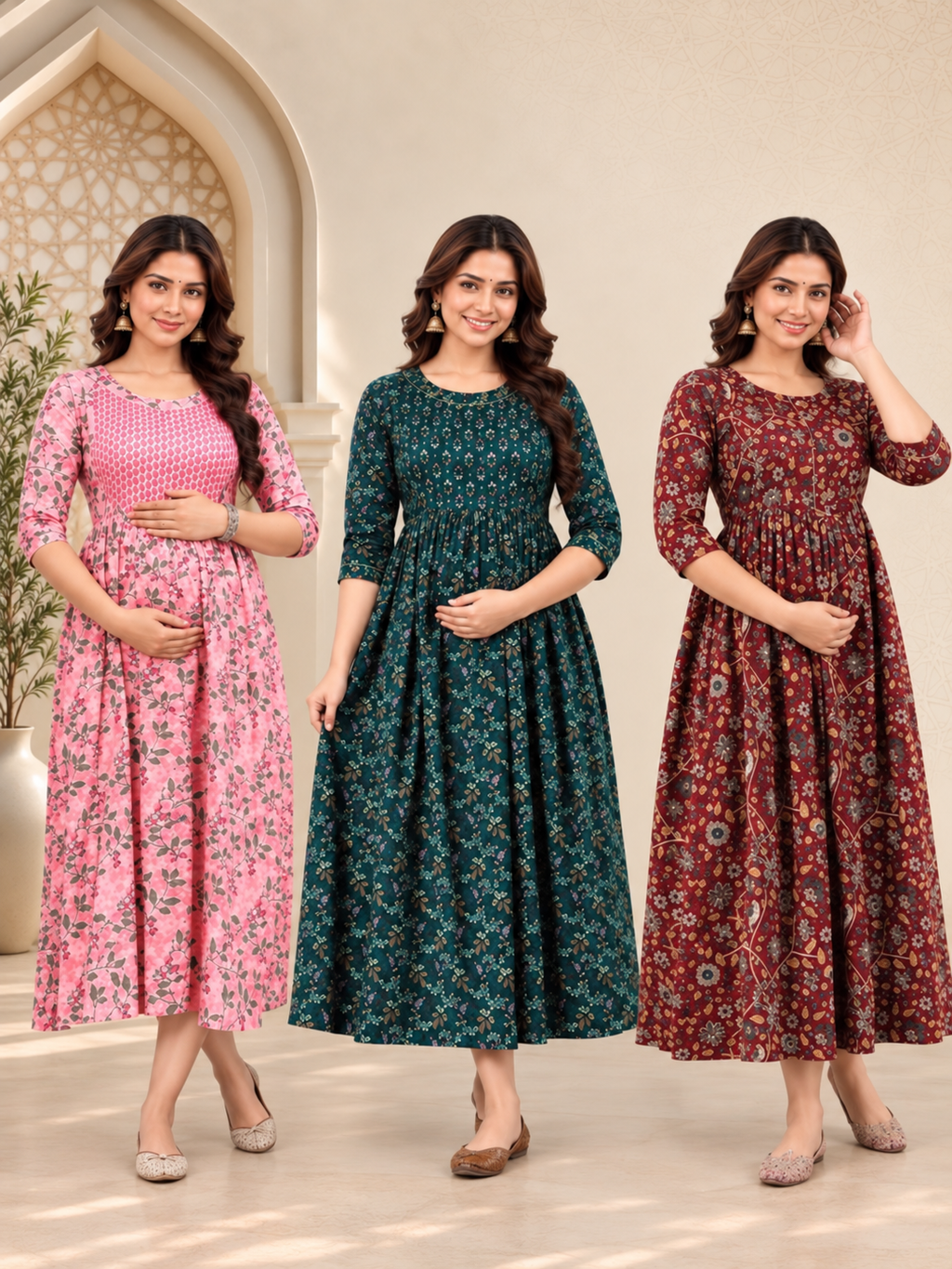 Premium 3 Piece Combo Floral Printed Maternity Feeding Gown with Side Zipper – Rayon Dress