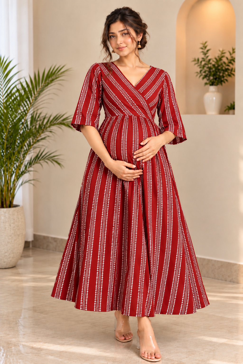 Maroon Striped Maternity Feeding Maxi Dress | Front-Zip Nursing Dress