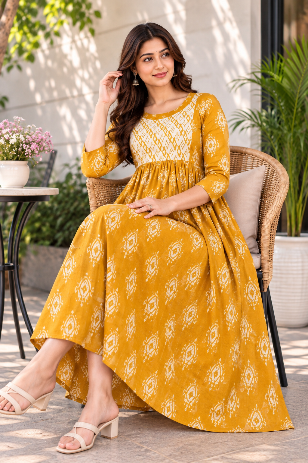 Mustard Yellow Printed Cotton Maternity Anarkali Kurti with Side Zipper