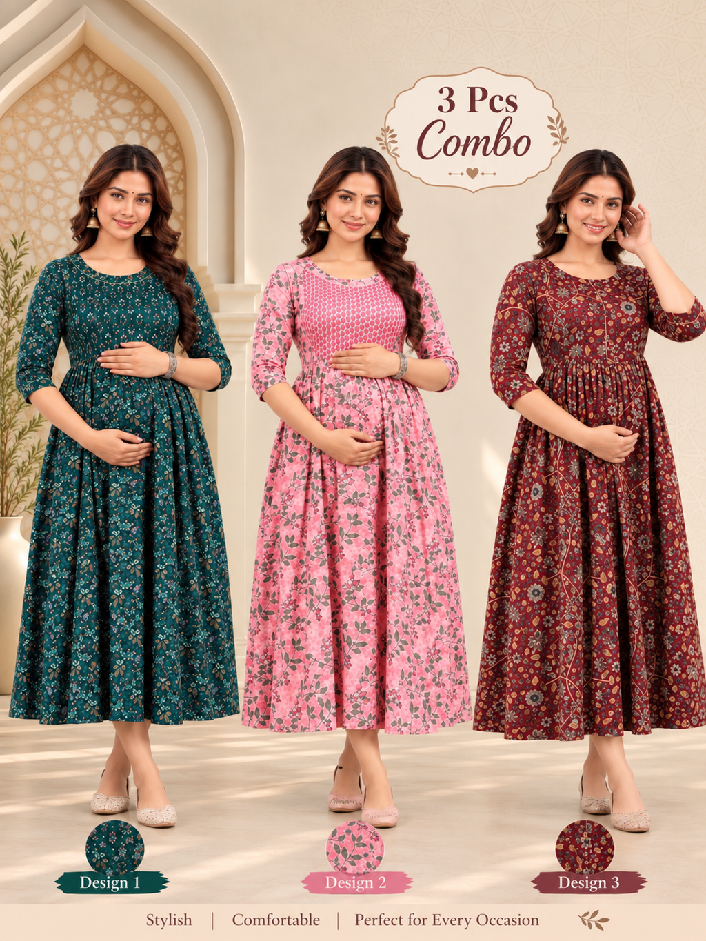 Premium 3 Piece Combo Floral Printed Maternity Feeding Gown with Side Zipper – Rayon Dress