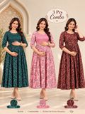 Premium 3 Piece Combo Floral Printed Maternity Feeding Gown with Side Zipper – Rayon Dress