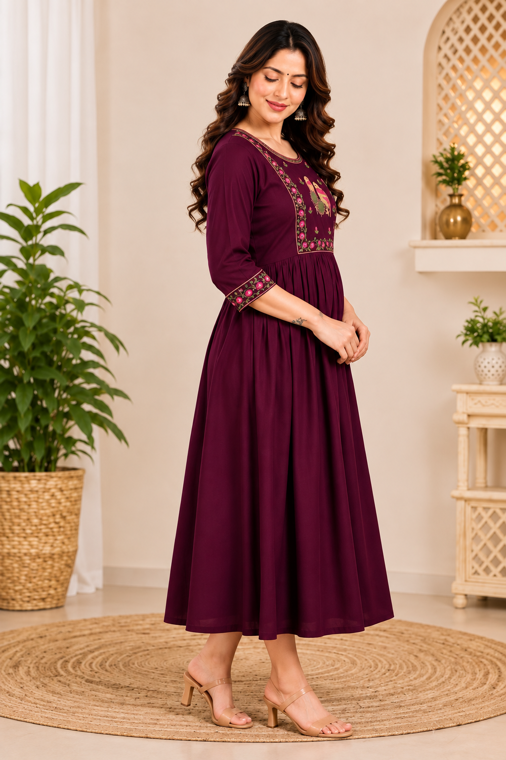 Women’s Maroon Embroidered Rayon Maternity & Feeding Kurti | Floral Print