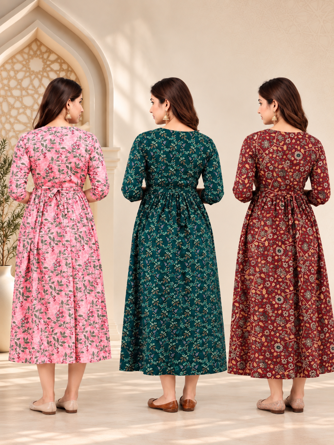 Premium 3 Piece Combo Floral Printed Maternity Feeding Gown with Side Zipper – Rayon Dress