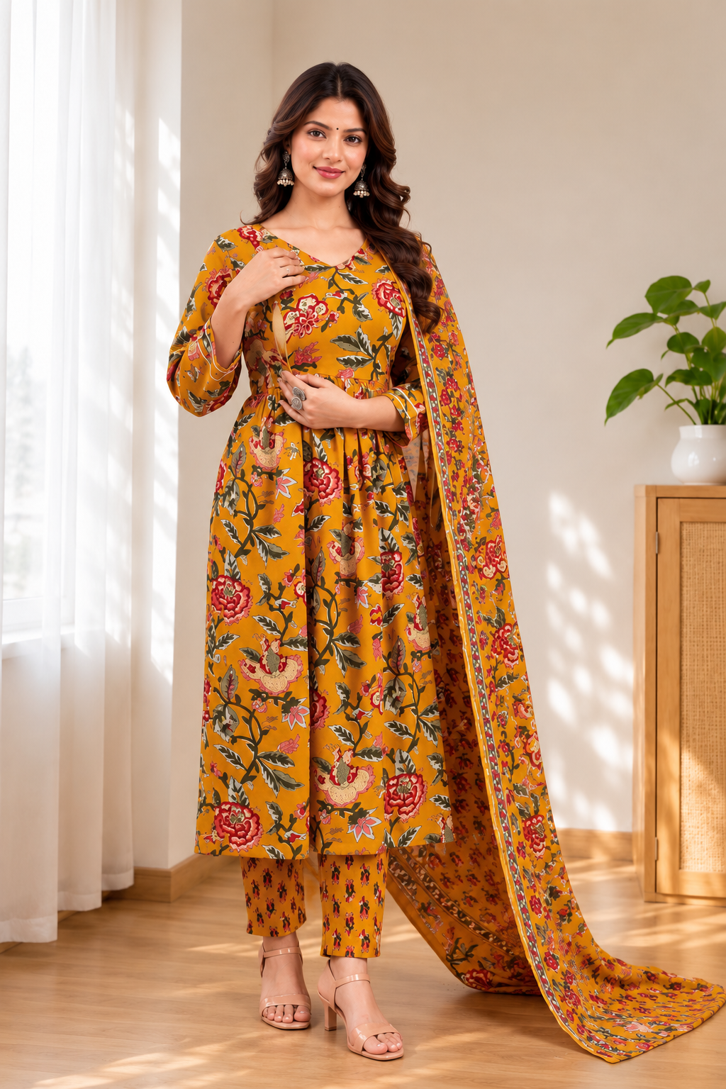 Mustard Floral Printed Rayon Anarkali Maternity & Feeding Kurta Set with Dupatta