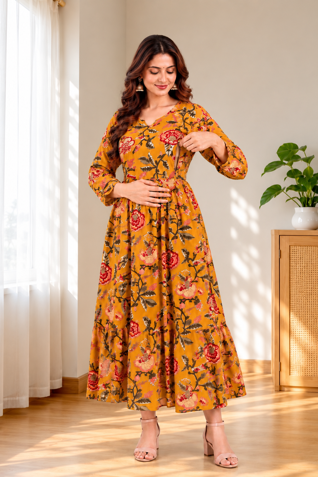 Mustard Floral Printed Rayon Anarkali Maternity & Feeding Kurta Set with Dupatta