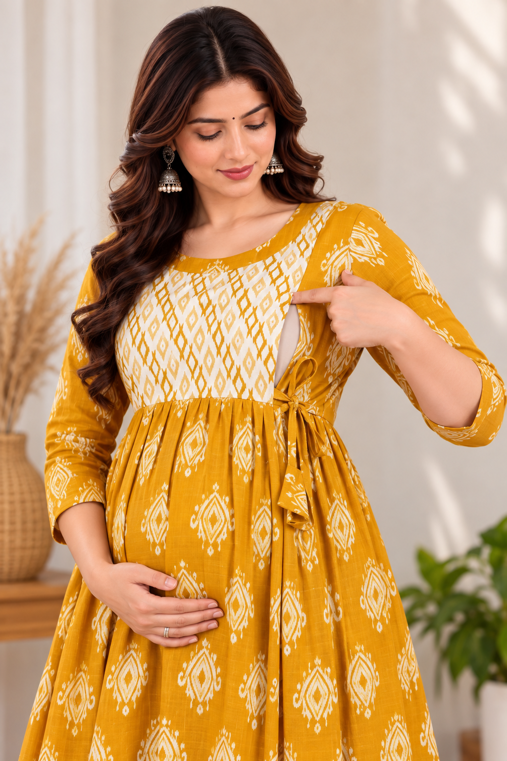 Mustard Yellow Printed Cotton Maternity Anarkali Kurti with Side Zipper