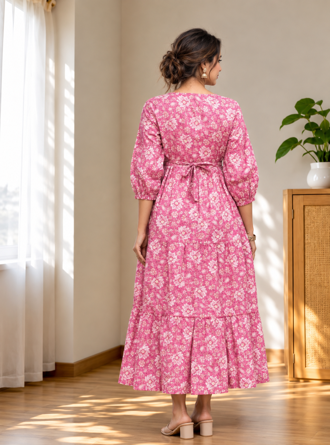 Pink Floral Printed Cotton Maternity Gown | Full Length Dress with Puff Sleeves