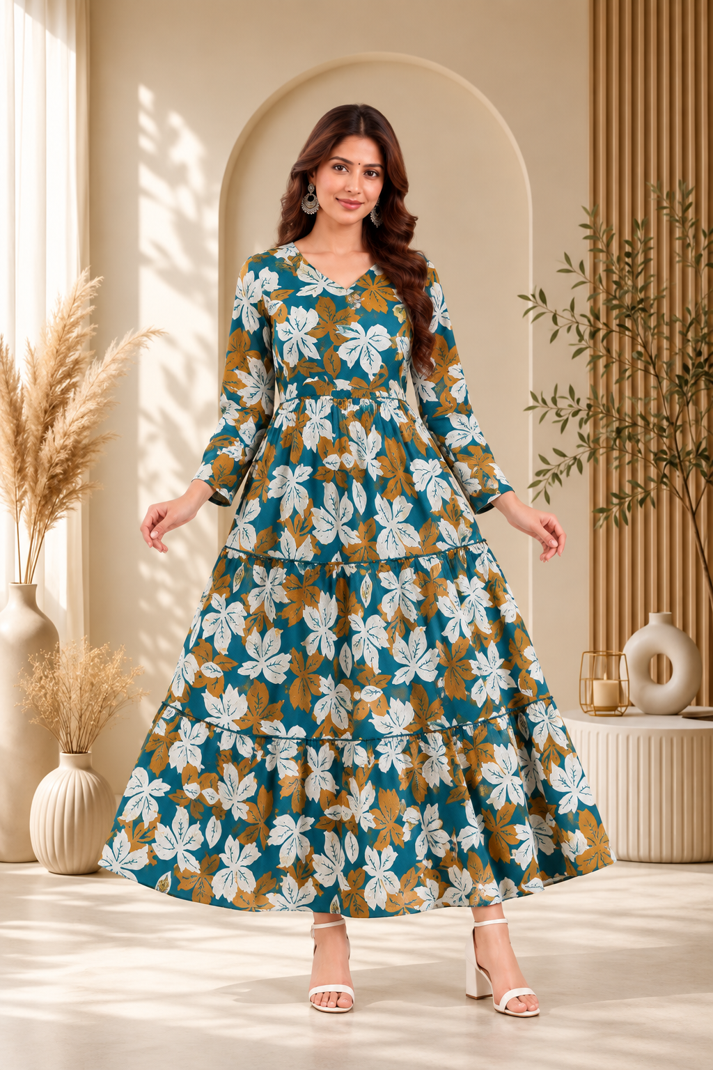 Women’s Teal Blue Floral Printed Maternity Feeding Dress with Concealed Front Zipper | 3/4 Sleeve Nursing Dress