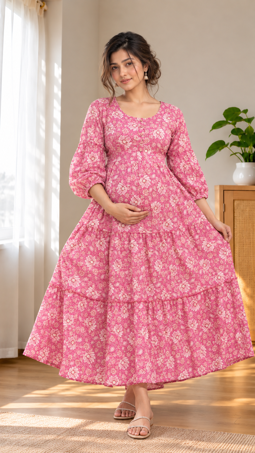 Pink Floral Printed Cotton Maternity Gown | Full Length Dress with Puff Sleeves