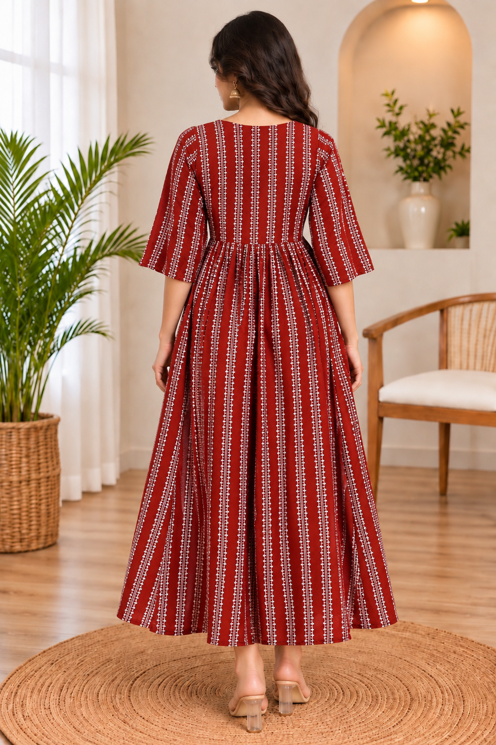 Maroon Striped Maternity Feeding Maxi Dress | Front-Zip Nursing Dress