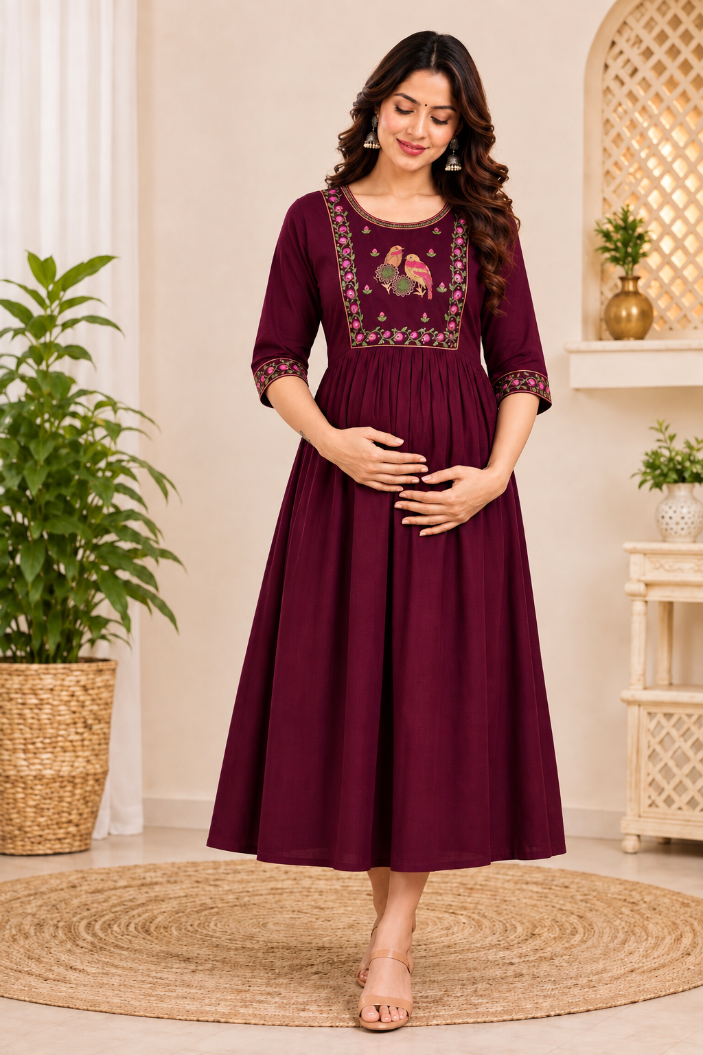 Women’s Maroon Embroidered Rayon Maternity & Feeding Kurti | Floral Print