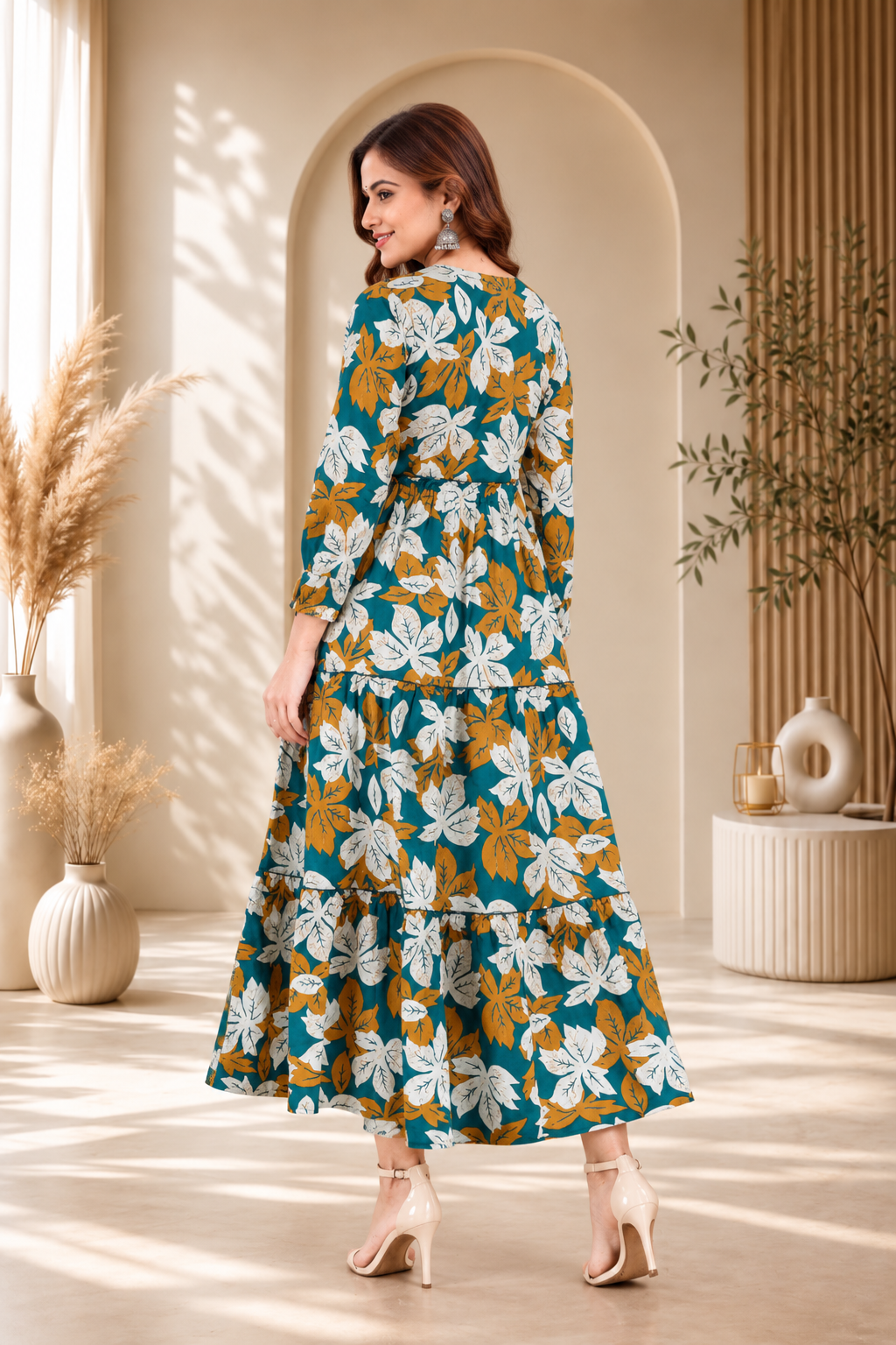 Women’s Teal Blue Floral Printed Maternity Feeding Dress with Concealed Front Zipper | 3/4 Sleeve Nursing Dress