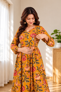 Mustard Floral Printed Rayon Anarkali Maternity & Feeding Kurta Set with Dupatta