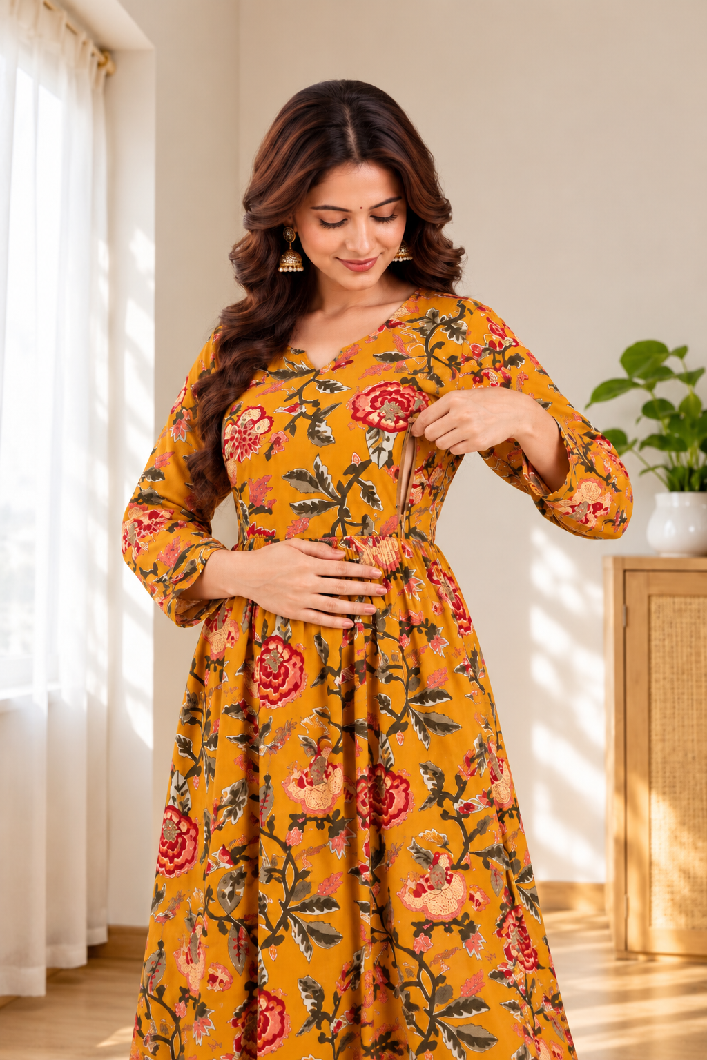Mustard Floral Printed Rayon Anarkali Maternity & Feeding Kurta Set with Dupatta