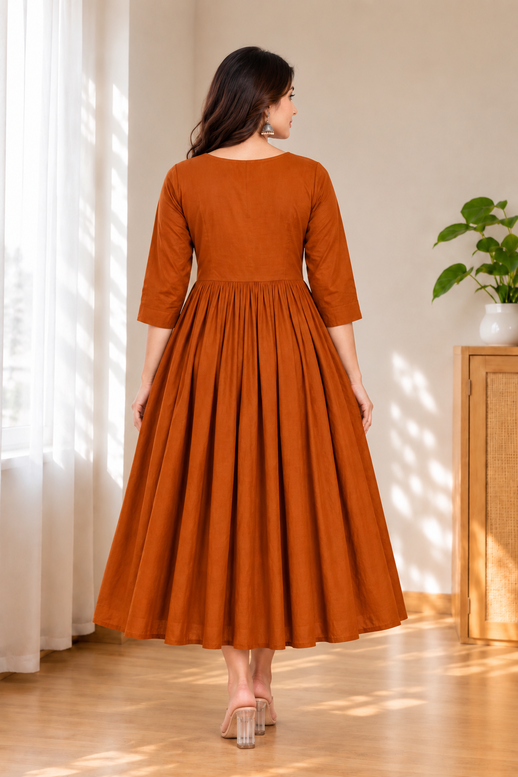 Rust Orange Embroidered Rayon Maternity Feeding Anarkali Kurti with Front Zipper
