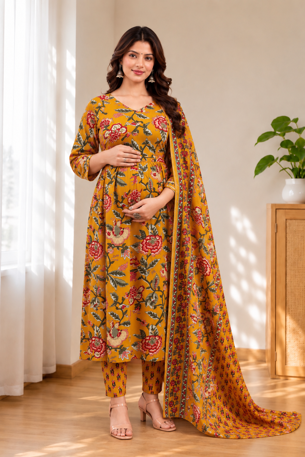 Mustard Floral Printed Rayon Anarkali Maternity & Feeding Kurta Set with Dupatta