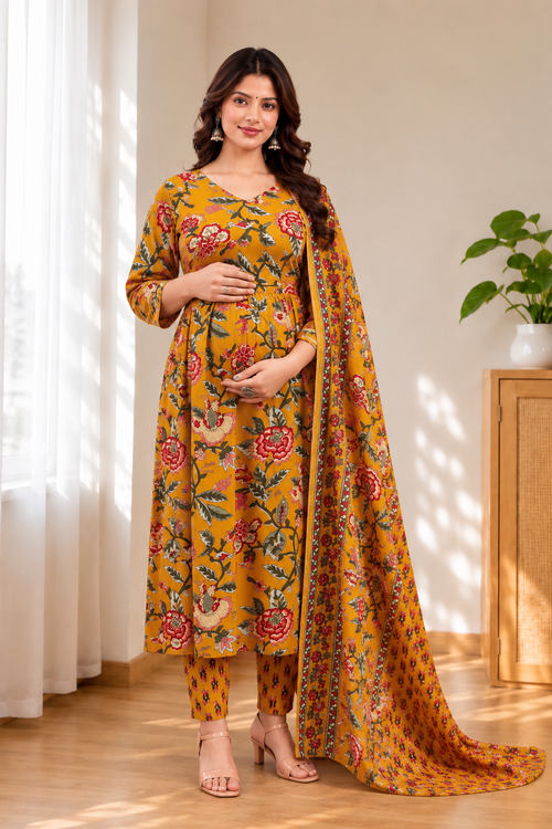 Mustard Floral Printed Rayon Anarkali Maternity & Feeding Kurta Set with Dupatta