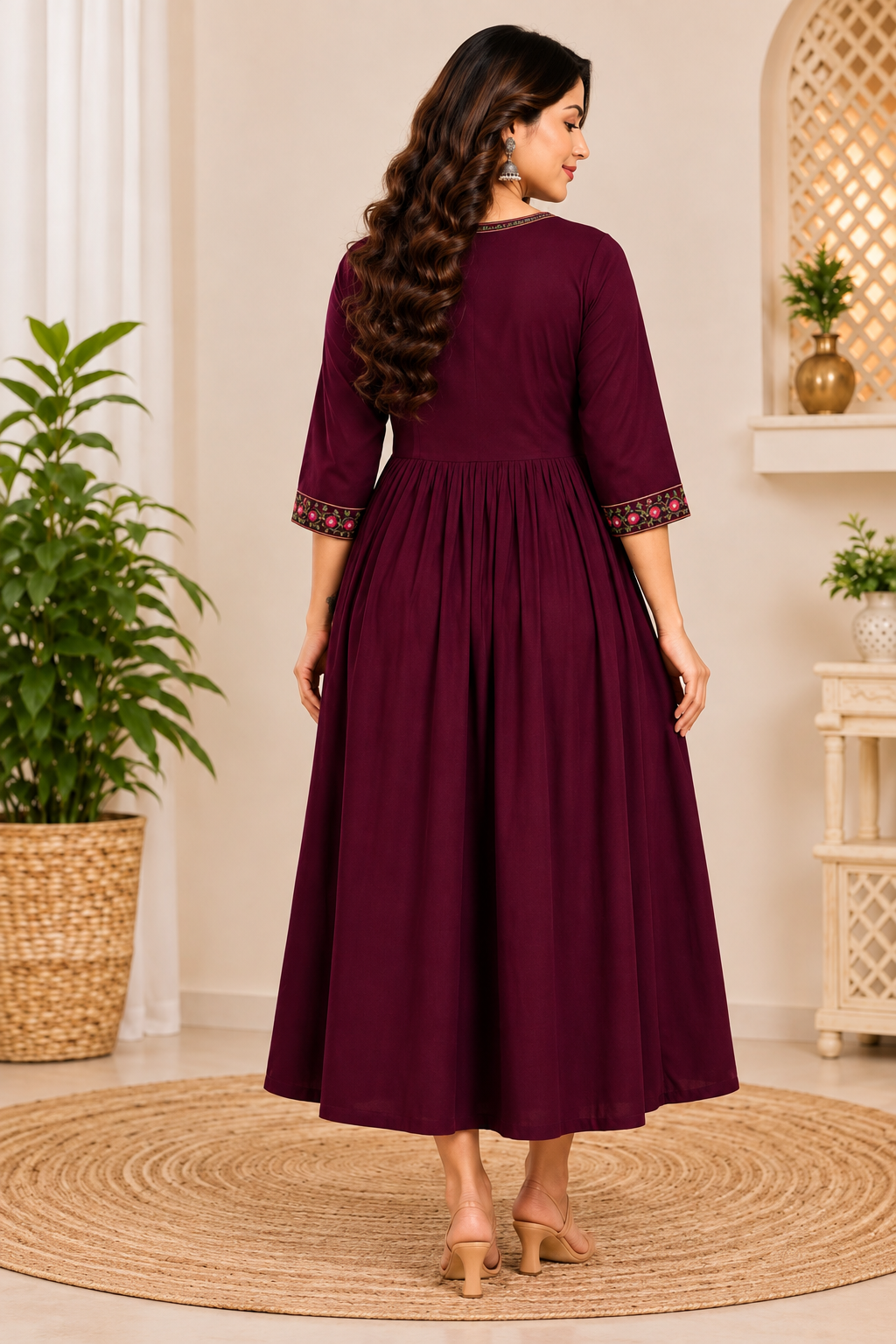 Women’s Maroon Embroidered Rayon Maternity & Feeding Kurti | Floral Print