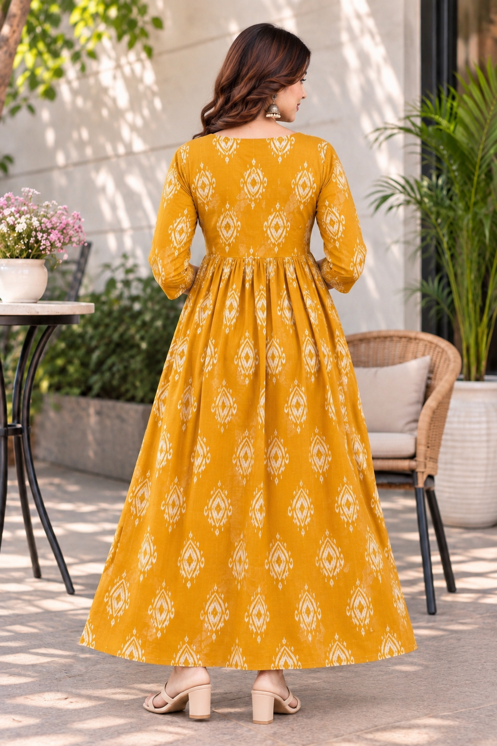 Mustard Yellow Printed Cotton Maternity Anarkali Kurti with Side Zipper