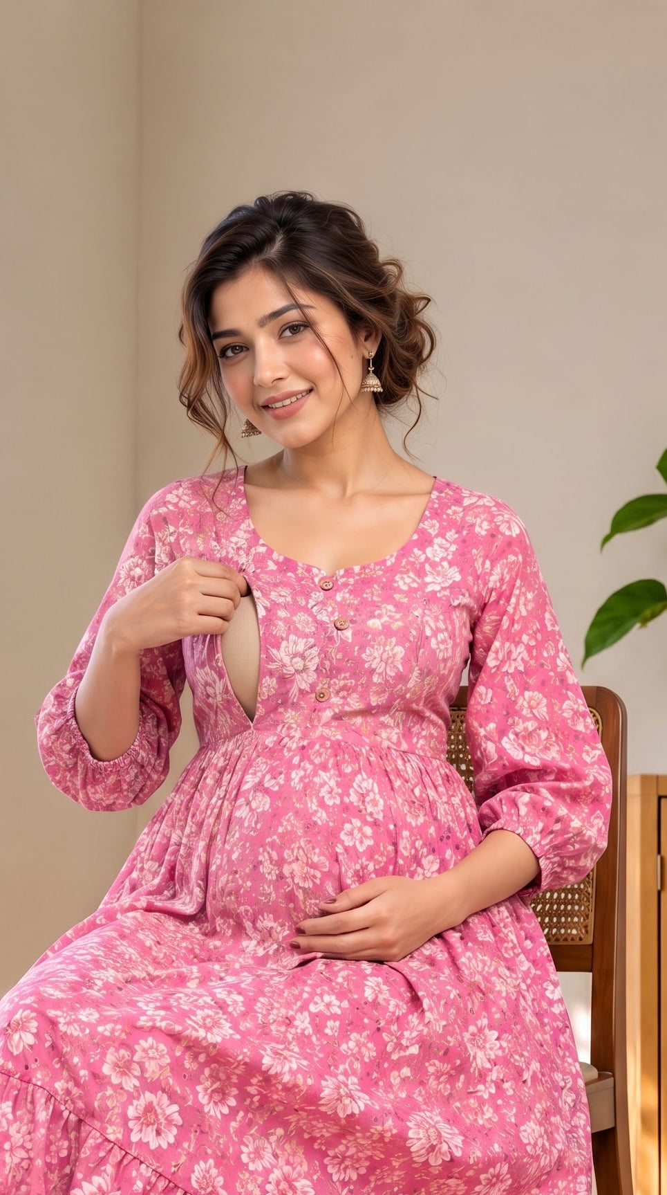 Pink Floral Printed Cotton Maternity Gown | Full Length Dress with Puff Sleeves