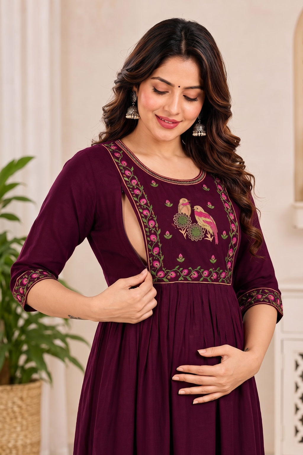 Women’s Maroon Embroidered Rayon Maternity & Feeding Kurti | Floral Print