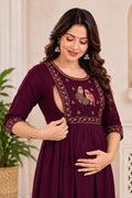 Women’s Maroon Embroidered Rayon Maternity & Feeding Kurti | Floral Print