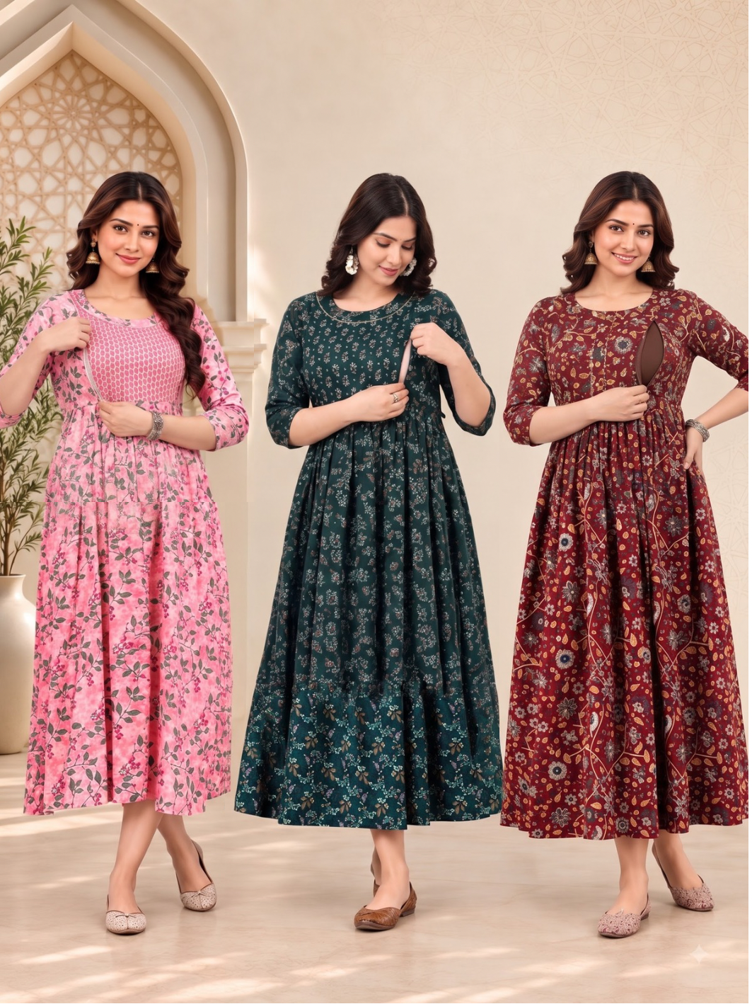 Premium 3 Piece Combo Floral Printed Maternity Feeding Gown with Side Zipper – Rayon Dress